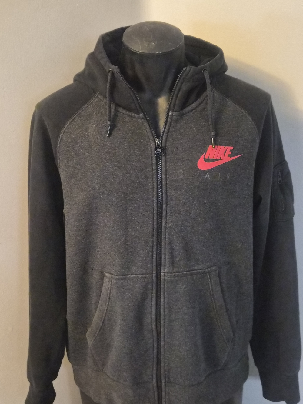 Nike Air Men's Full Zip Hoodie Charcoal Grey Black Red Swoosh Sweatshirt Jacket